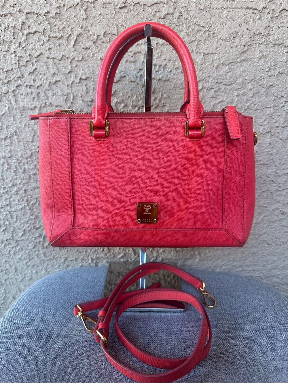 MCM Red Saffiano Leather Satchel Bag with Removable Strap